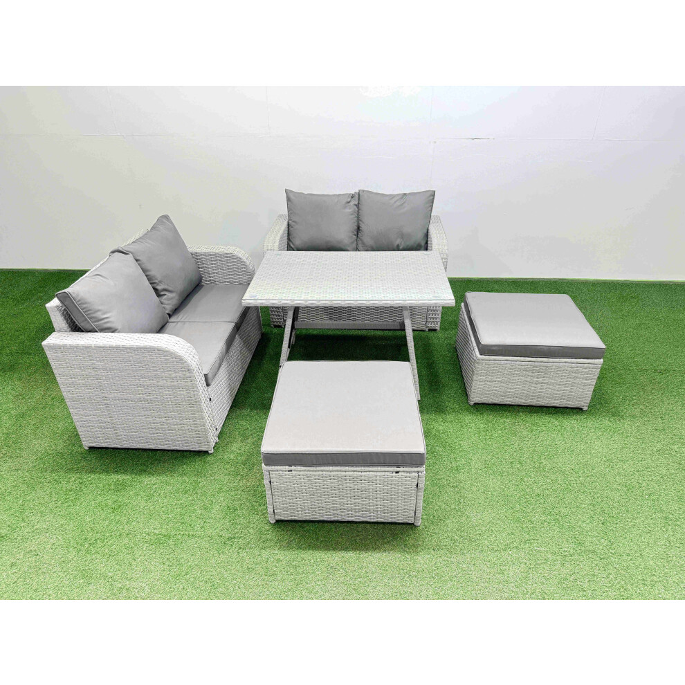 Fimous 6 Seater Outdoor Love Sofa Set Rattan Garden Furniture Set With Rectangular Dining Table 2 Big Footstool Light Grey