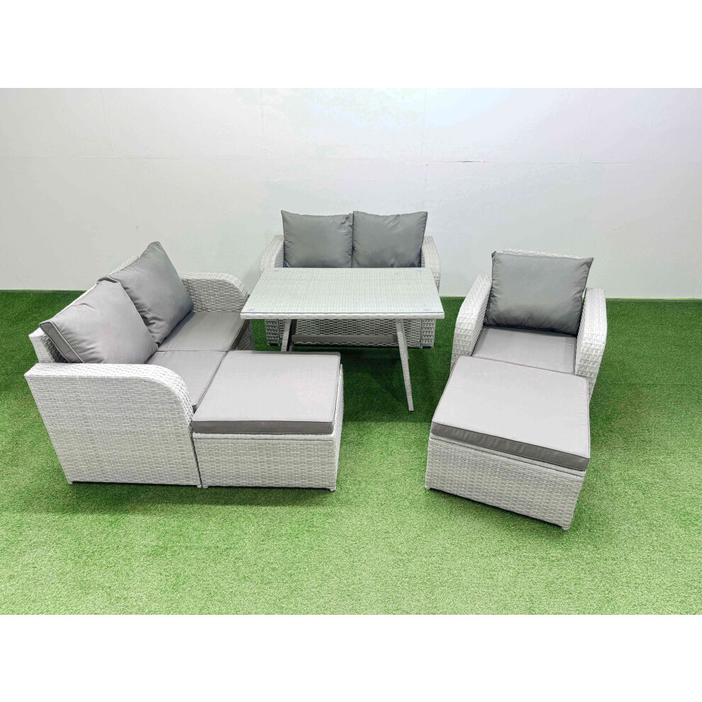 Fimous 7 Seater Outdoor Rattan Garden Furniture Set Love Sofa Reclining Chair Set with Rectangular Dining Table 2 Big Footstools Light Grey