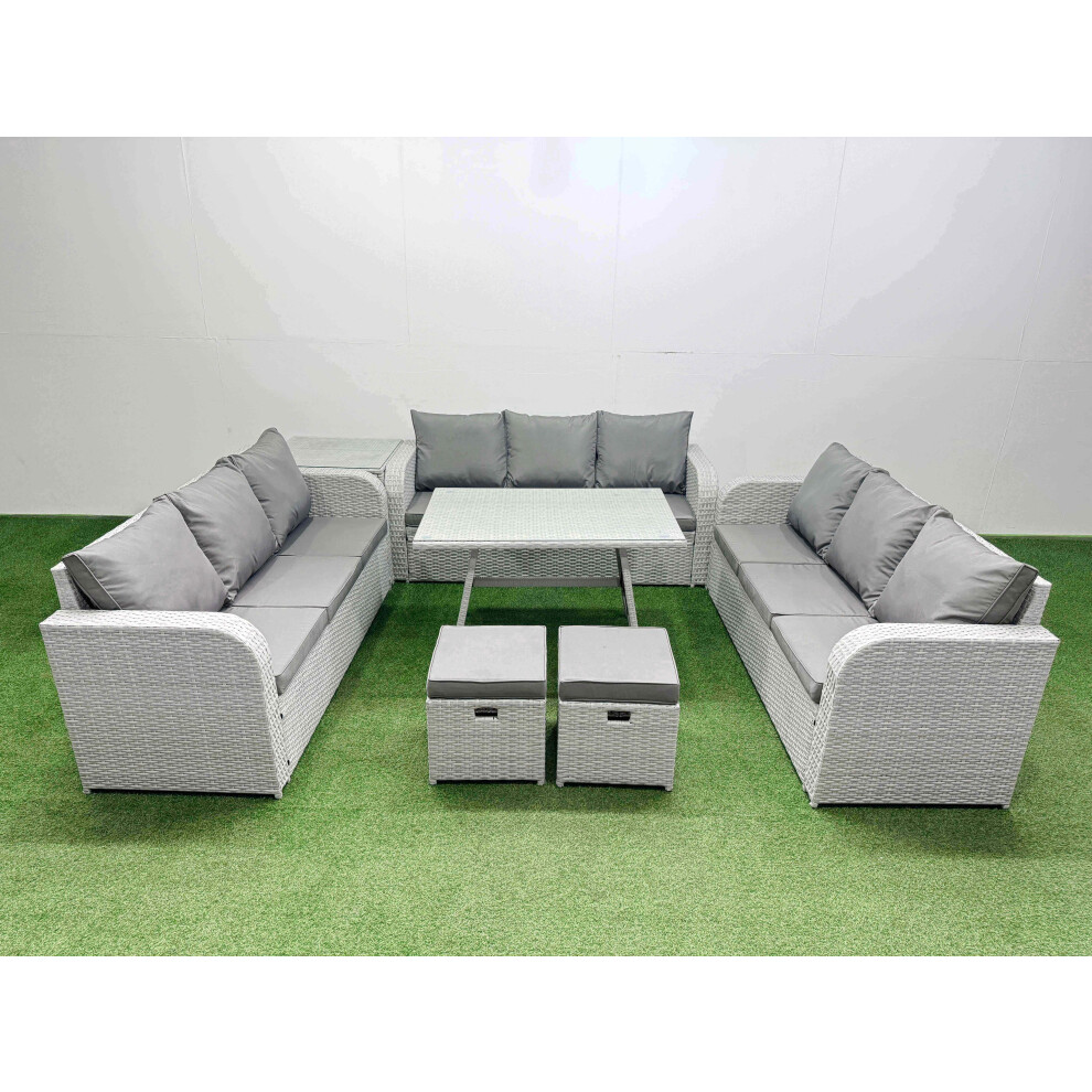Fimous 11 Seat Outdoor PE Rattan Garden Furniture with Cushions 3 Seater Sofa Side Table 2 Small Stools Light Grey