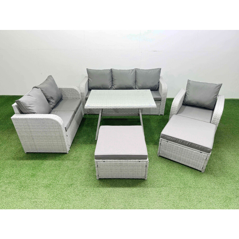 Fimous Light/Grey Rattan High Back Lounge Sofa Set Patio Dining Table & Chairs Set With 3 Seater Sofa Reclining Chair 2 Big Stool - Image 2