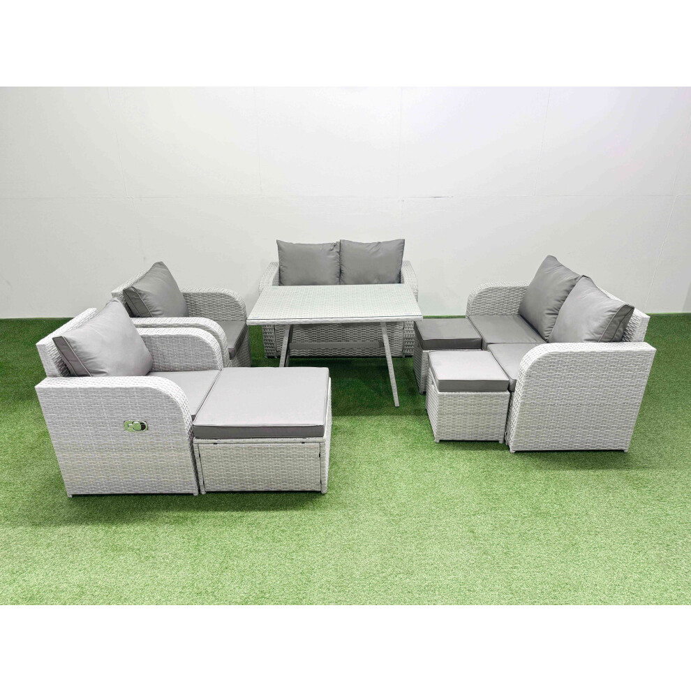 Rackhams Light/Grey 9 Seater Rattan Garden Furniture Set Outdoor Love Sofa Set With Rectangular Dining Table 3 Footstools - Image 2