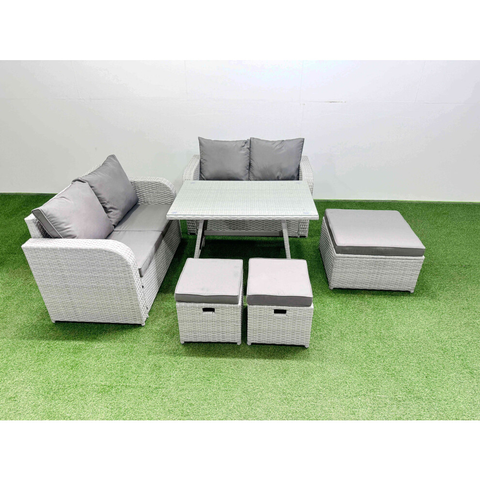 Fimous 7 Seater Outdoor Love Sofa Set Rattan Garden Furniture Set with Rectangular Dining Table 3 Footstools Light Grey-image-OPC-PH82FJK-NEW