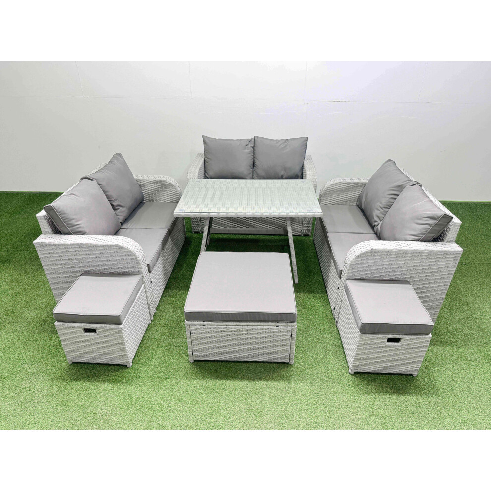 Fimous Rattan Garden Furniture Dining Set 9-Seater Patio Rectangular Table Love Sofa Set With 3 Stools