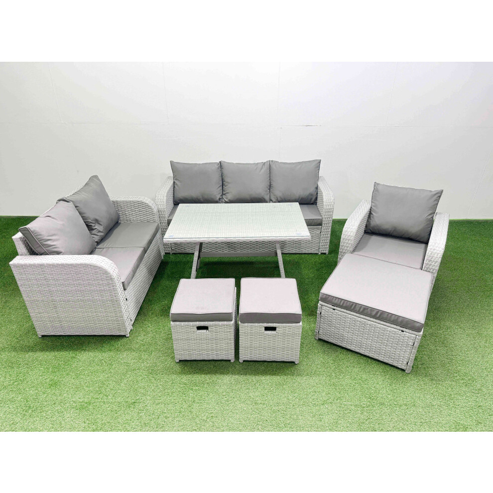 Fimous Rattan High Back Lounge Sofa Set Patio Dining Table & Chairs Set With 3 Seater Sofa Reclining Chair 3 Stool Light Grey