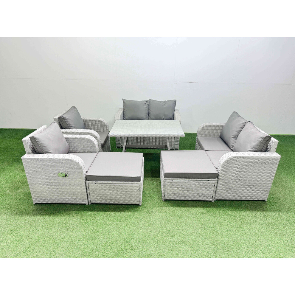 Fimous 8 Seater Rattan Garden Furniture Set Outdoor Love Sofa Set with Rectangular Dining Table 2 Big Footstools Light Grey