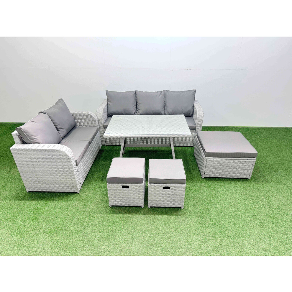 Rackhams Light/Grey Outdoor Pe Rattan Garden Furniture Set Rectangular Dining Table Sofa Set With 3 Stool - Image 2