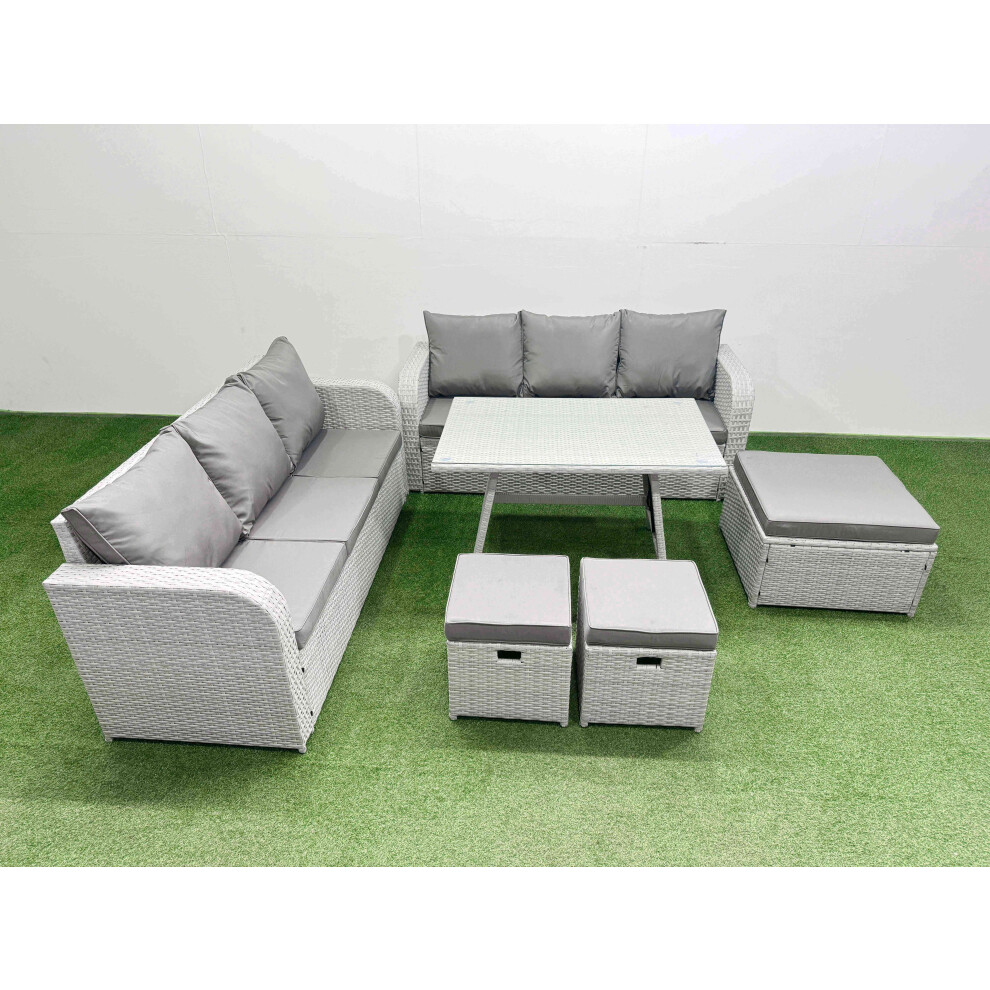Fimous Patio Dining Table & Chairs Set Rattan High Back Lounge Sofa Set with 3 Seater Sofa 3 Stool Light Grey