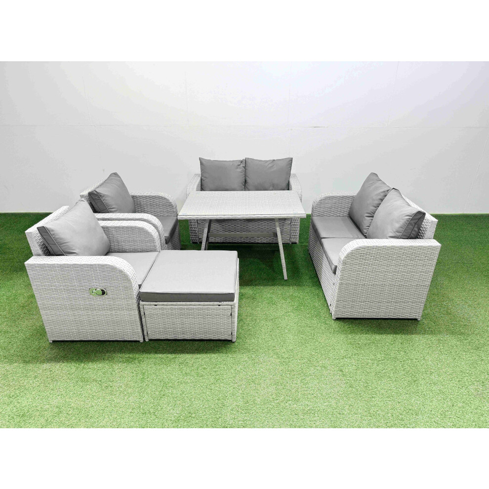 Fimous 7 Seater Rattan Garden Furniture Set Outdoor Love Sofa Set with Rectangular Dining Table Big Footstool Light Grey