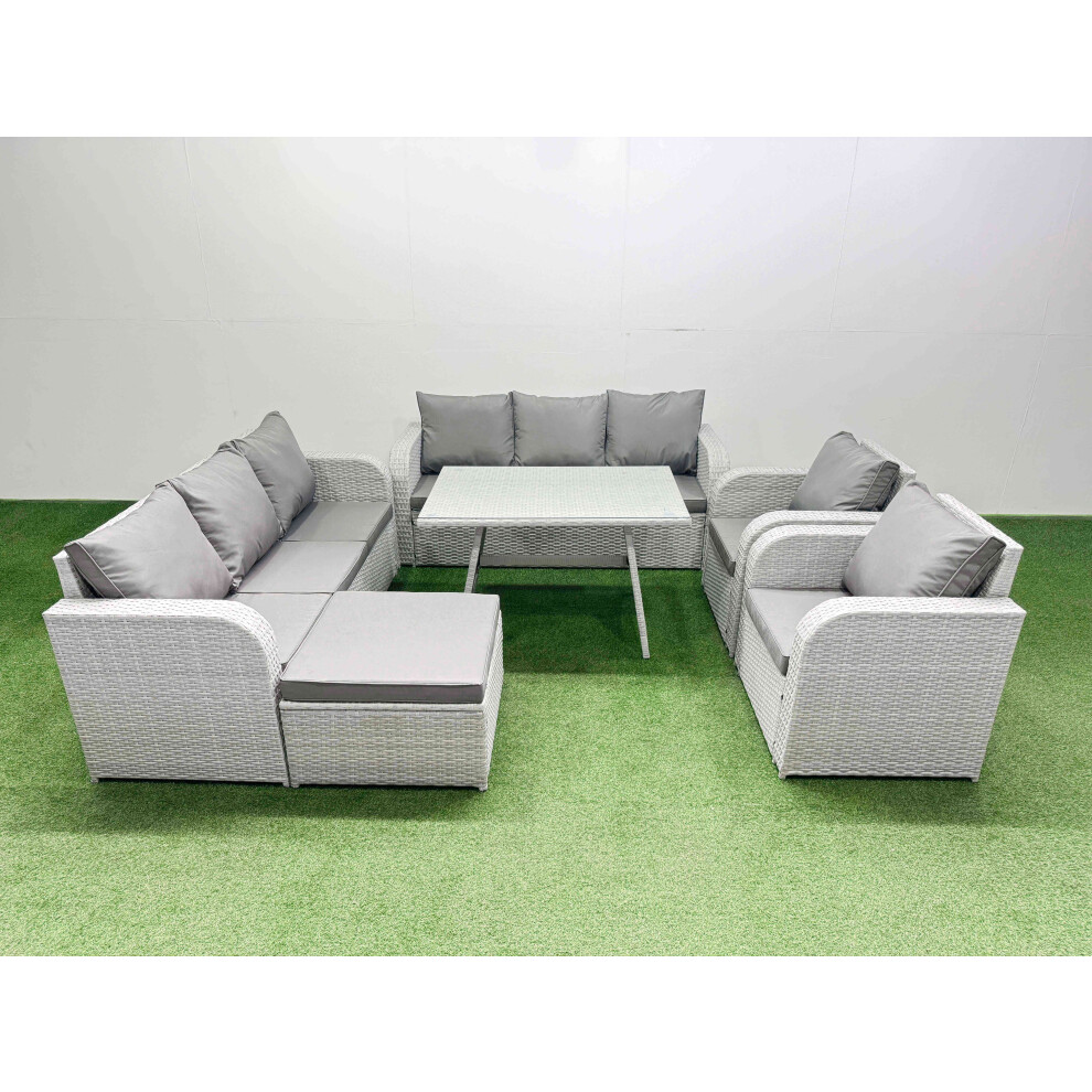 Fimous Rattan High Back Lounge Sofa Set Patio Dining Table & Chairs Set with 3 Seater Sofa 2 Reclining Chairs Big Stool Light Grey