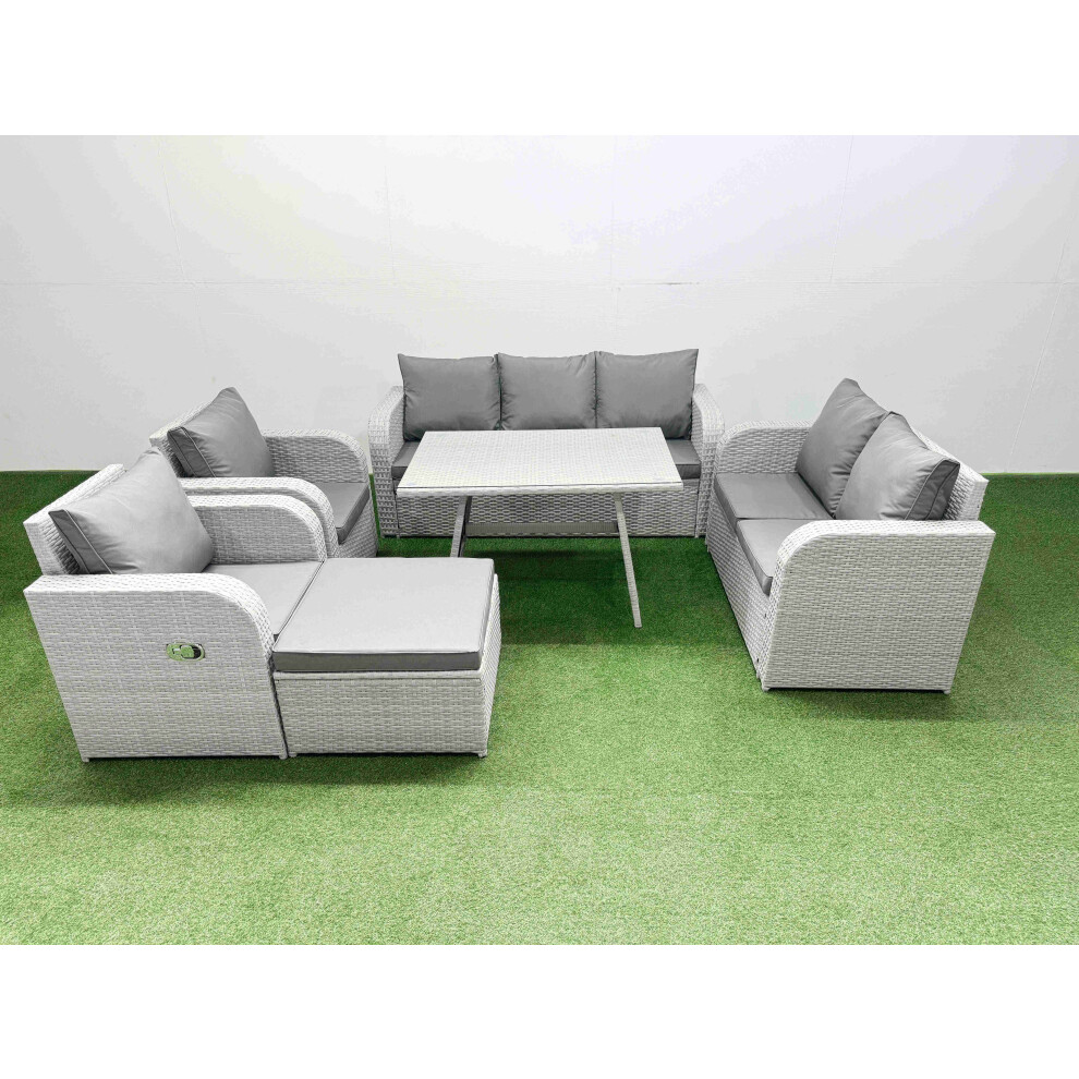 Fimous Pe Rattan Garden Furniture Set Outdoor Rectangular Dining Table Sofa Set With Reclining Chair Big Stool Light Grey