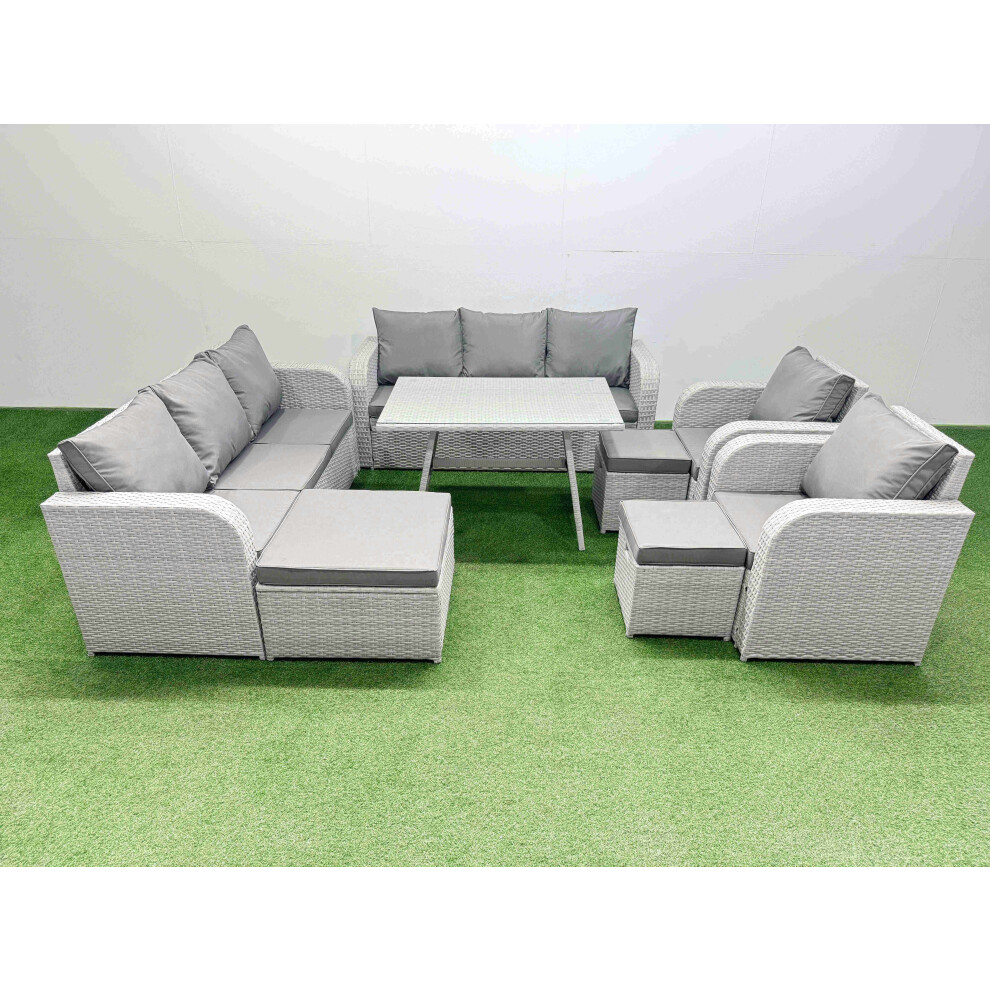 Fimous Rattan High Back Lounge Sofa Set Patio Dining Table & Chairs Set with 3 Seater Sofa 2 Reclining Chairs 3 Stool Light Grey