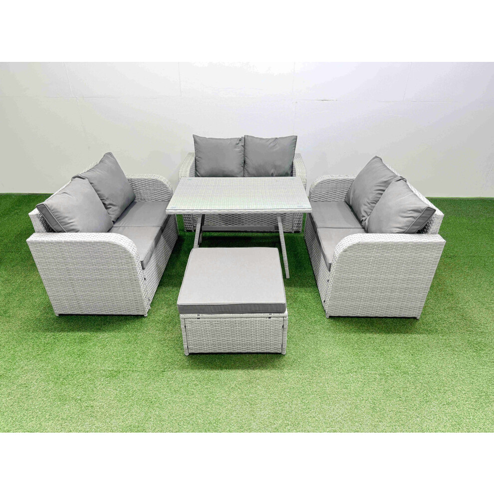 Fimous Rattan Garden Furniture Dining Set 7-seater Patio Rectangular Table Love Sofa Set with Big Stool-image-OPC-PH82FK7-NEW