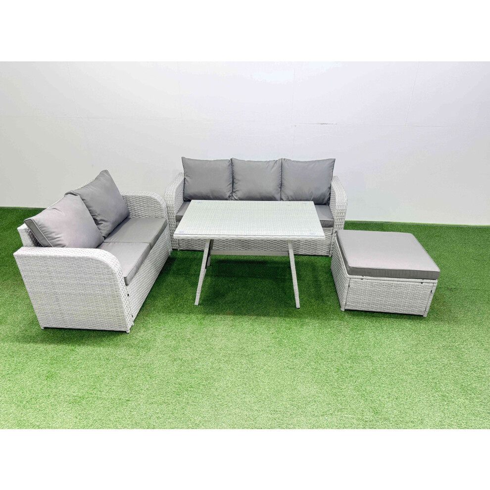 Fimous Outdoor PE Rattan Garden Furniture Set Rectangular Dining Table Sofa Set with Big Stool Light Grey-image-OPC-PH82FKB-NEW