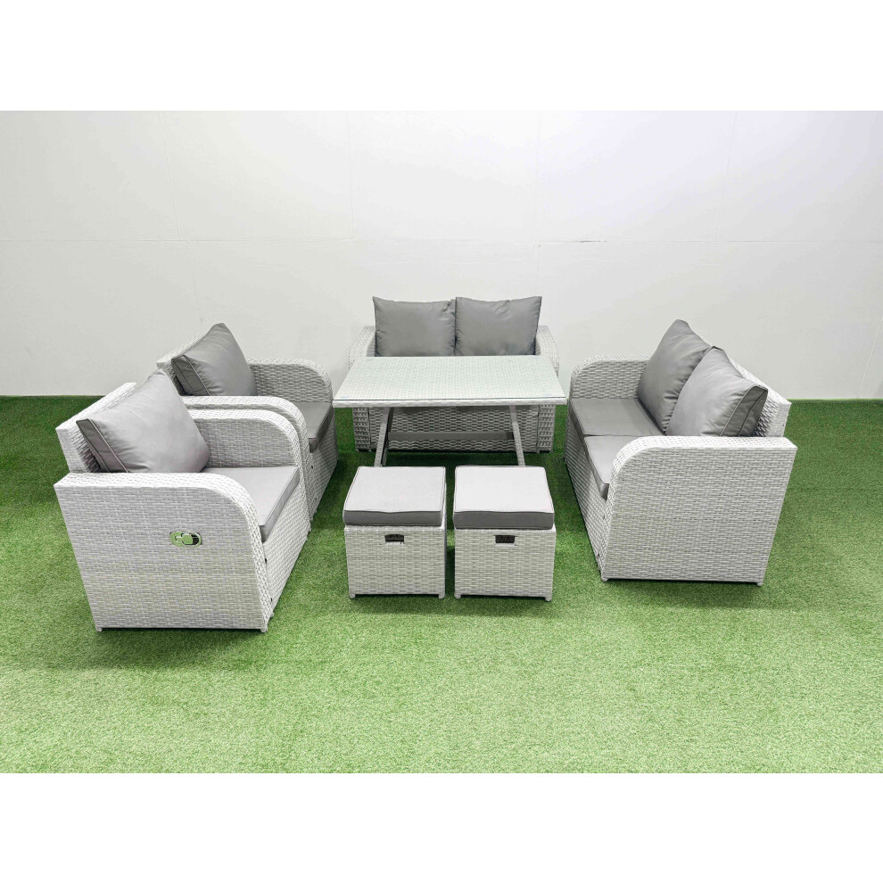 Fimous 8 Seater Rattan Garden Furniture Set Outdoor Love Sofa Set with Rectangular Dining Table 2 Small Footstools Light Grey