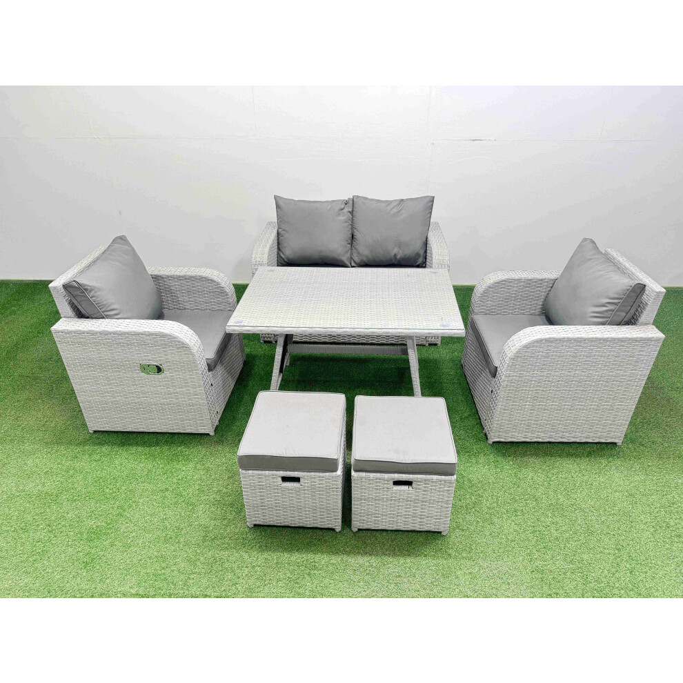 Fimous Light Pe Wicker Rattan Garden Furniture Set Sofa Set Reclining Chair Love Sofa Rectangular Dining Table 2 Small Stools Grey