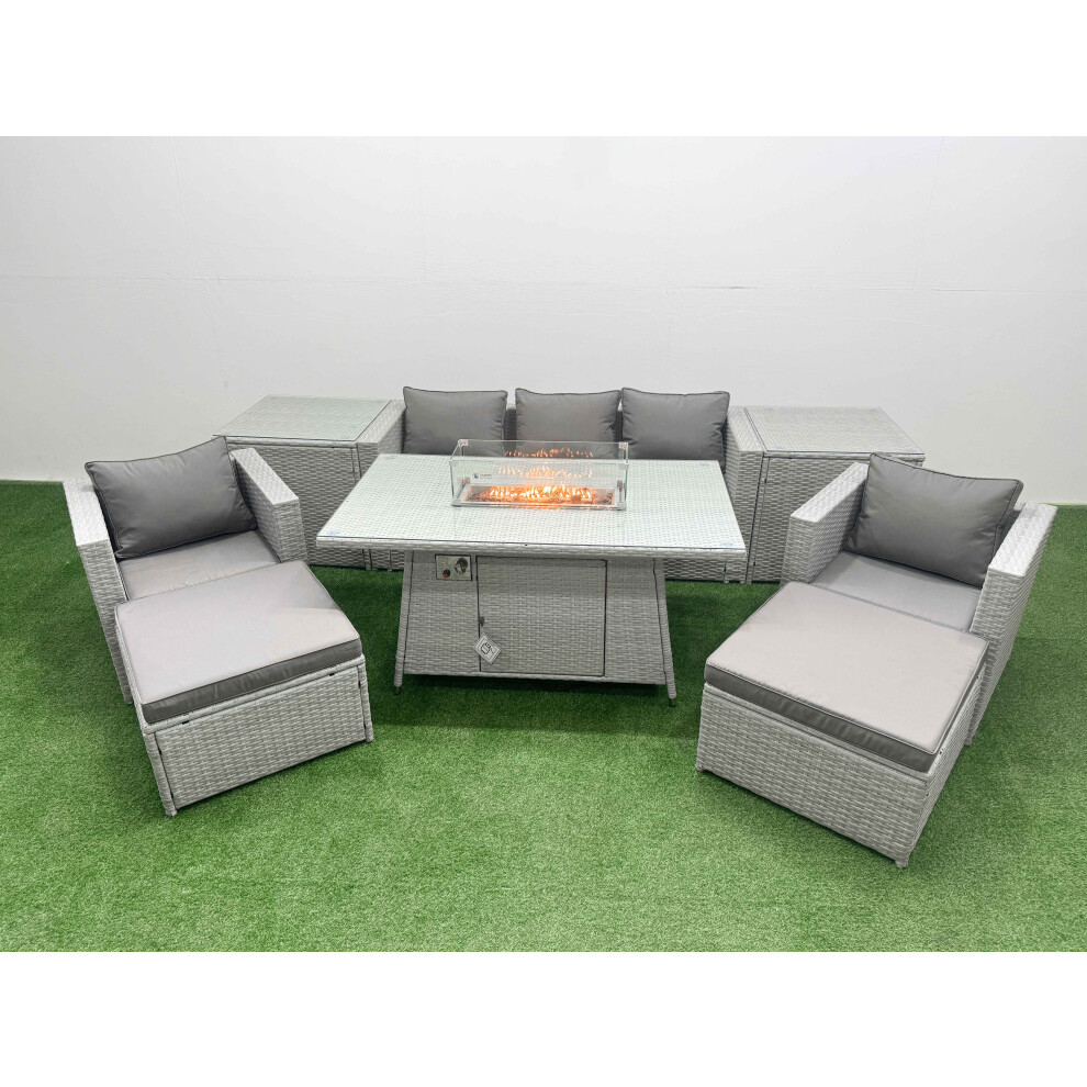 Fimous Light/Grey 7 Seater Pe Rattan Garden Furniture Set With Fire Pit Dining Table, 3 Seater Sofa, 2 Big Footstools, 2 Side Tables - Image 2
