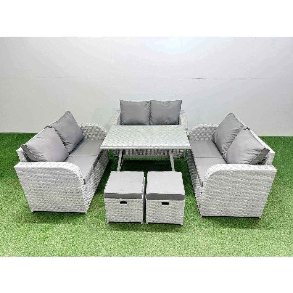 Fimous Rattan Garden Furniture Dining Set 8-seater Patio Rectangular Table Love Sofa Set with 2 Small Stools