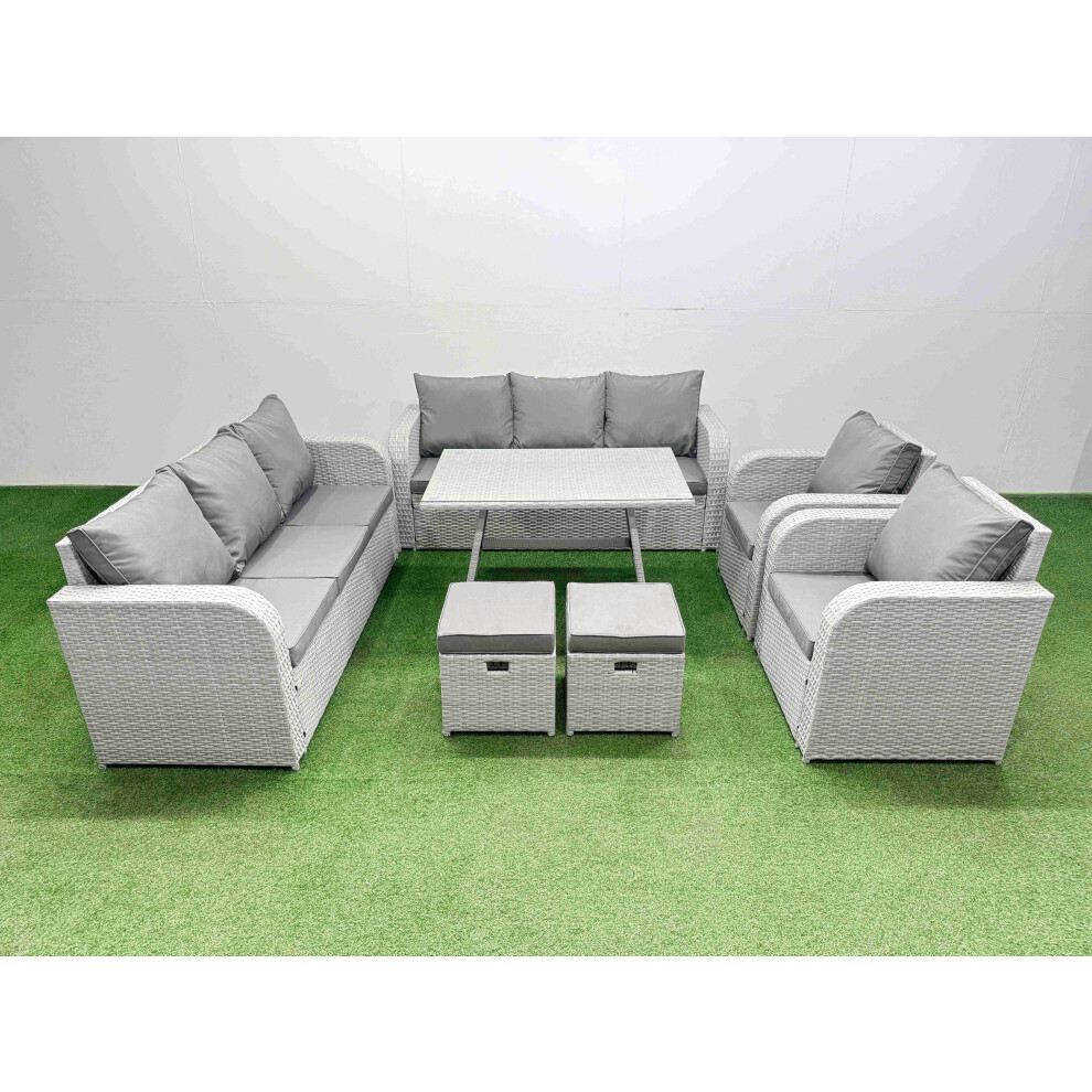 Fimous Rattan High Back Lounge Sofa Set Patio Dining Table & Chairs Set with 3 Seater Sofa 2 Reclining Chairs 2 Small Stool Light Grey
