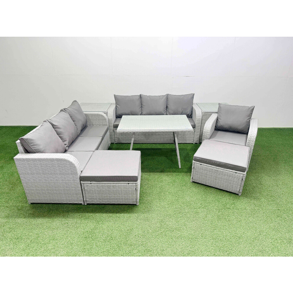 Fimous 8 Pieces Outdoor PE Rattan Garden Furniture with Cushions Reclining Chair 2 Side Tables 2 Big Stools Light Grey