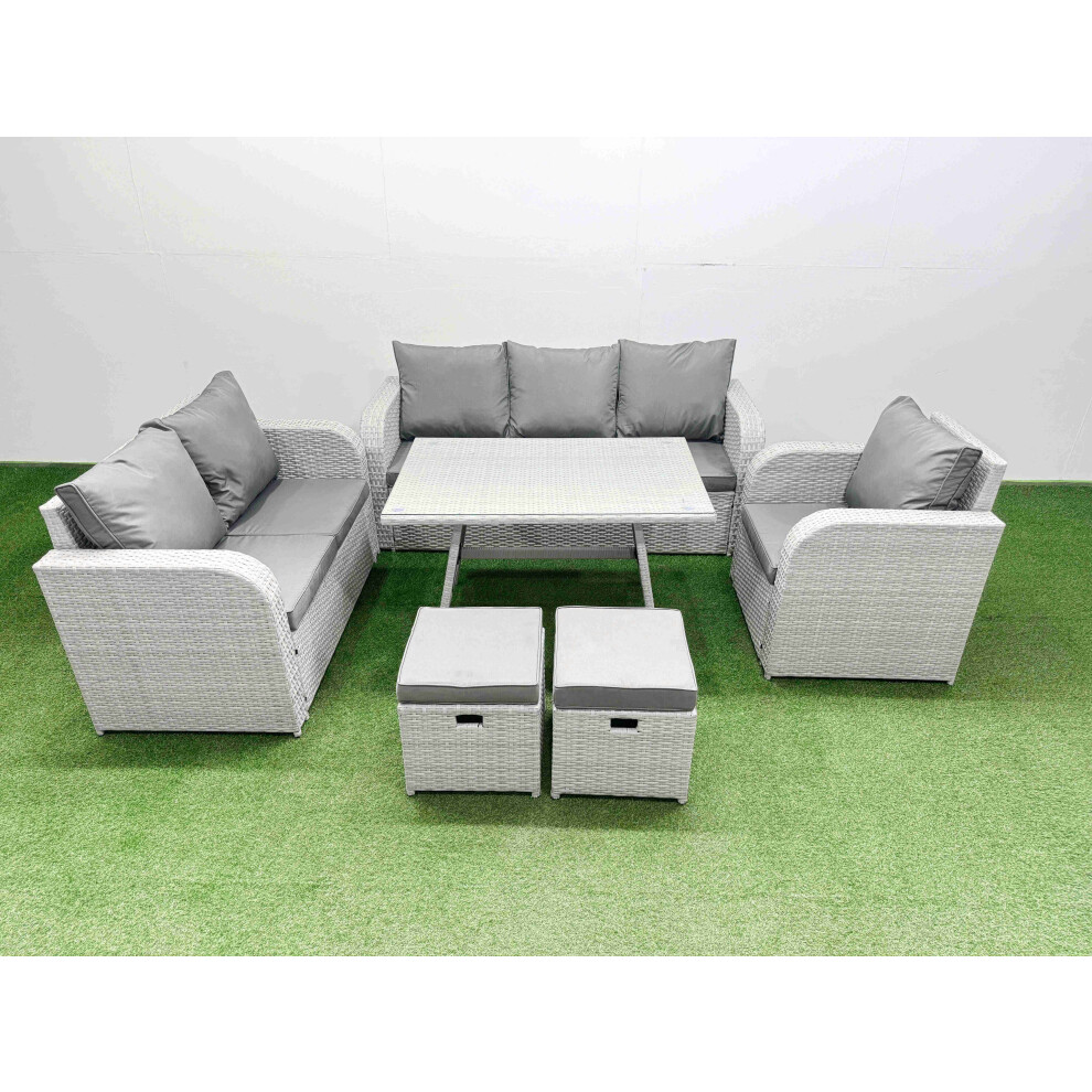 Fimous Rattan High Back Lounge Sofa Set Patio Dining Table & Chairs Set With 3 Seater Sofa Reclining Chair 2 Small Stool Light Grey