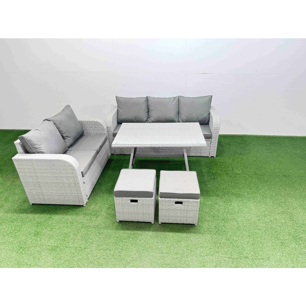 Rackhams Light/Grey Outdoor Pe Rattan Garden Furniture Set Rectangular Dining Table Sofa Set With 2 Small Stool - Image 2