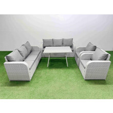 Fimous Rattan High Back Lounge Sofa Set Patio Dining Table & Chairs Set with 3 Seater Sofa 2 Reclining Chairs Light Grey
