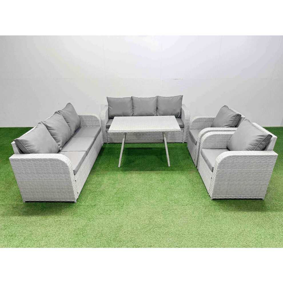 Fimous Rattan High Back Lounge Sofa Set Patio Dining Table & Chairs Set with 3 Seater Sofa 2 Reclining Chairs Light Grey