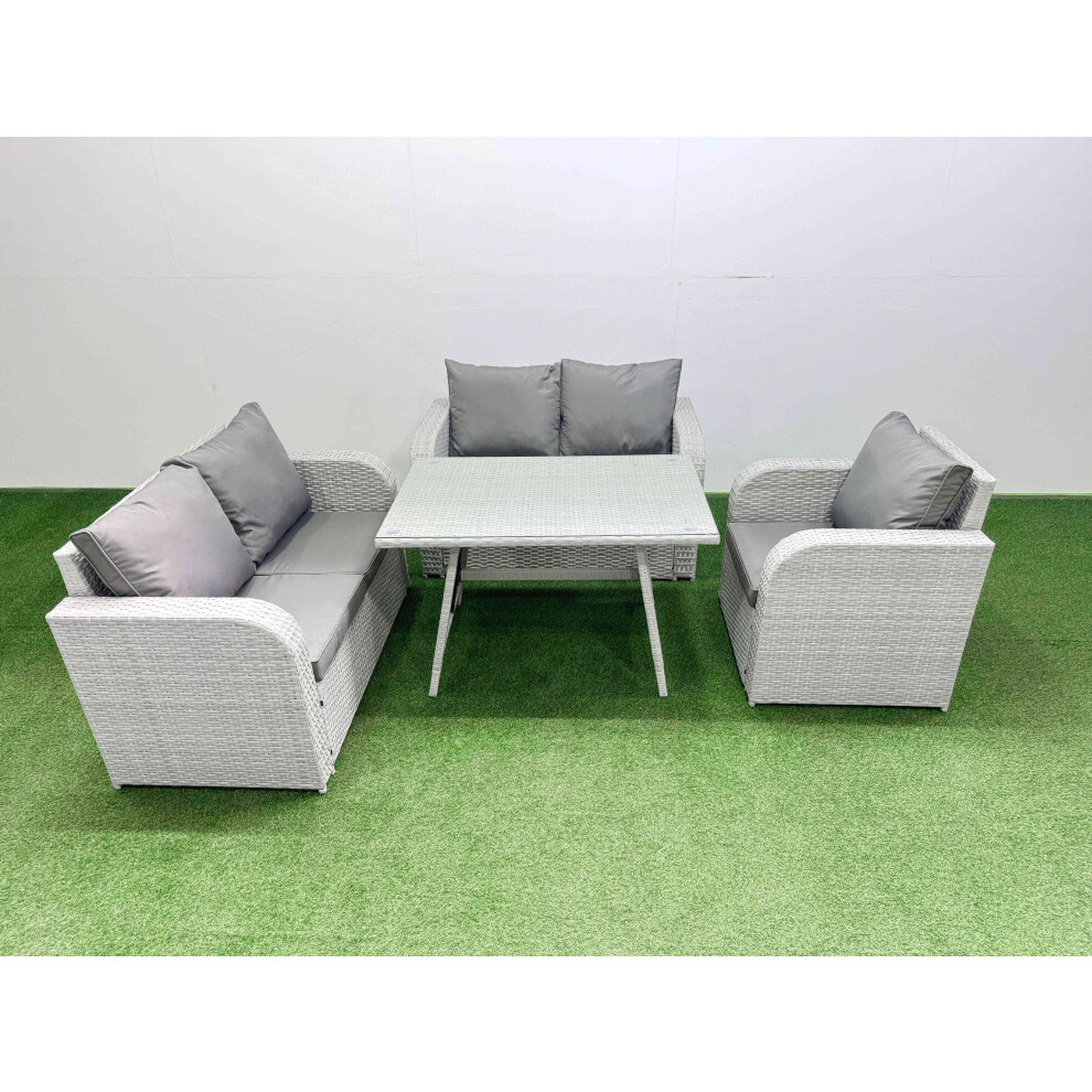 Fimous 5 Seater Outdoor Rattan Garden Furniture Set Love Sofa Reclining Chair Set with Rectangular Dining Table Light Grey