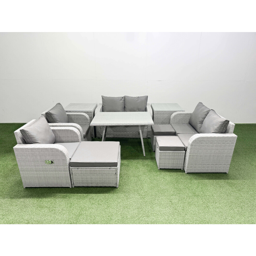Fimous 9 Seater Rattan Garden Furniture Set Outdoor Love Sofa Set with Rectangular Dining Table 2 Side Tables 3 Footstools Light Grey