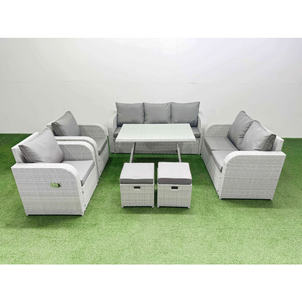Fimous Pe Rattan Garden Furniture Set Outdoor Rectangular Dining Table Sofa Set With Reclining Chair 2 Small Stool Light Grey