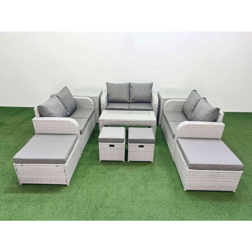 Fimous Pe Wicker Rattan Furniture Sofa Sets With Oblong Coffee Table Love Sofa 4 Stools 2 Side Table Light Grey Mixed