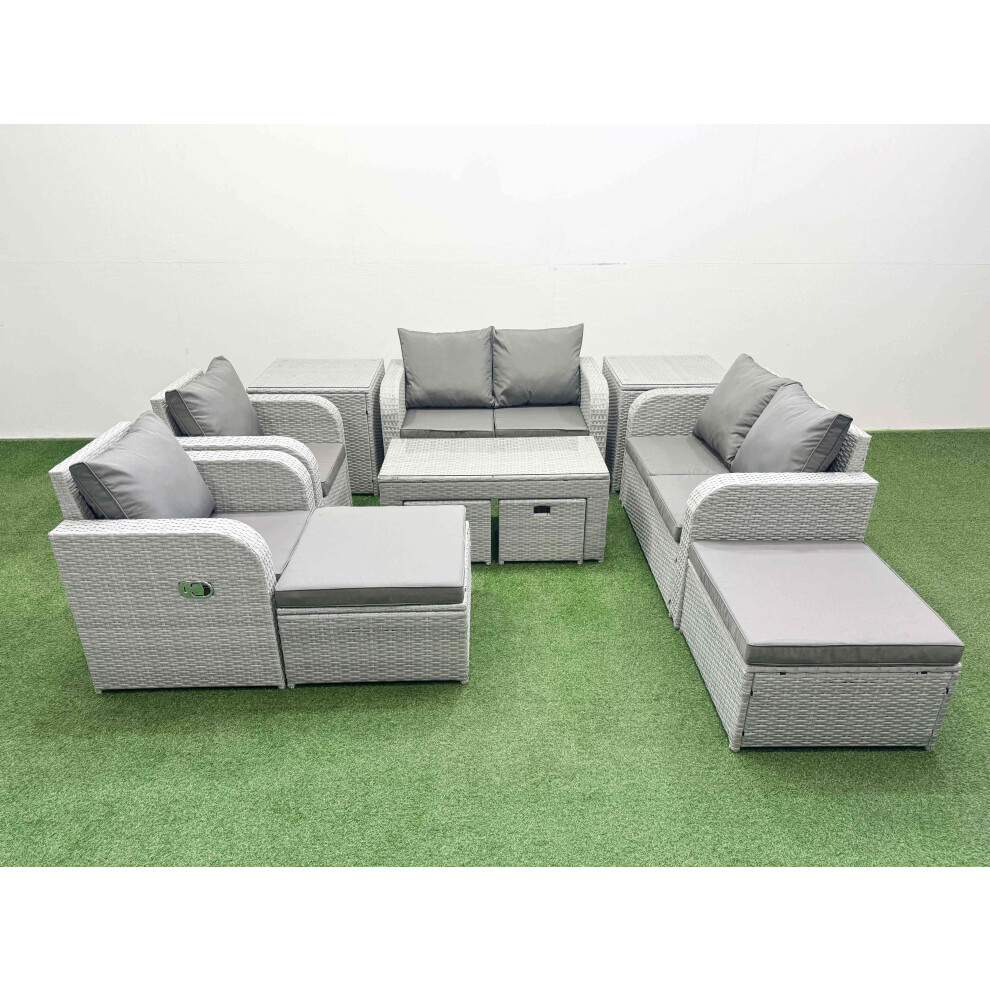 Fimous PE Wicker Rattan Furniture Sofa Sets with Oblong Coffee Table Love Sofa Reclining Chair 4 Stools 2 Side Table Light Grey Mixed