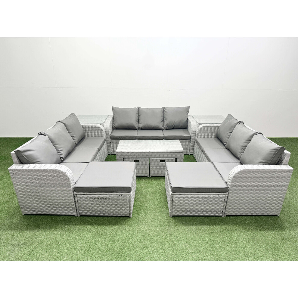 Fimous Outdoor Garden Furniture Set PE Rattan 3 Seater Sofa Set with Oblong Coffee Table 4 Footstools 2 Side Tables Light Grey