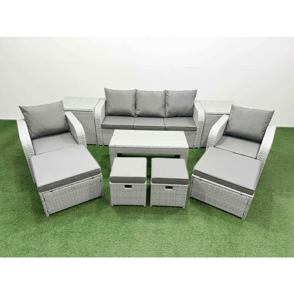 Fimous PE Wicker Rattan Furniture Sofa Sets with Oblong Coffee Table 3 Seater Sofa 4 Stools 2 Side Tables Light Grey Mixed