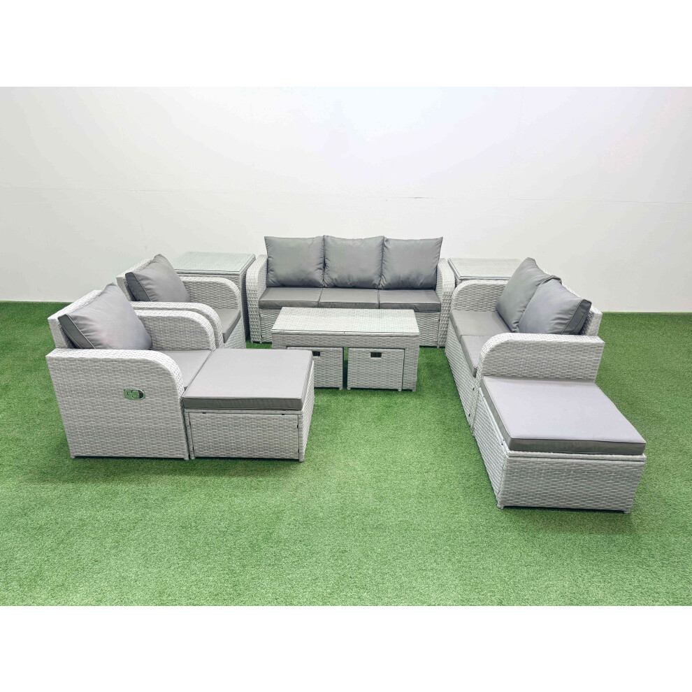 Fimous PE Wicker Rattan Furniture Sets with Oblong Coffee Table Love Sofa Reclining Chair 3 Seater Sofa 4 Stools 2 Side Tables Light Grey Mixed