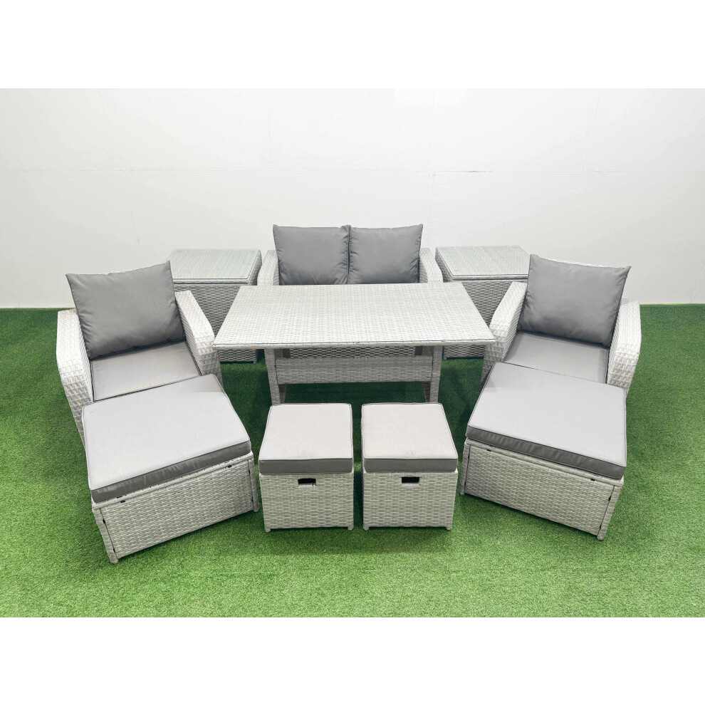 Fimous PE Rattan Lounge Sofa Set 8 Seater Outdoor Garden Furniture Set with Dining Table Love Sofa 2 Big Footstools Light Grey