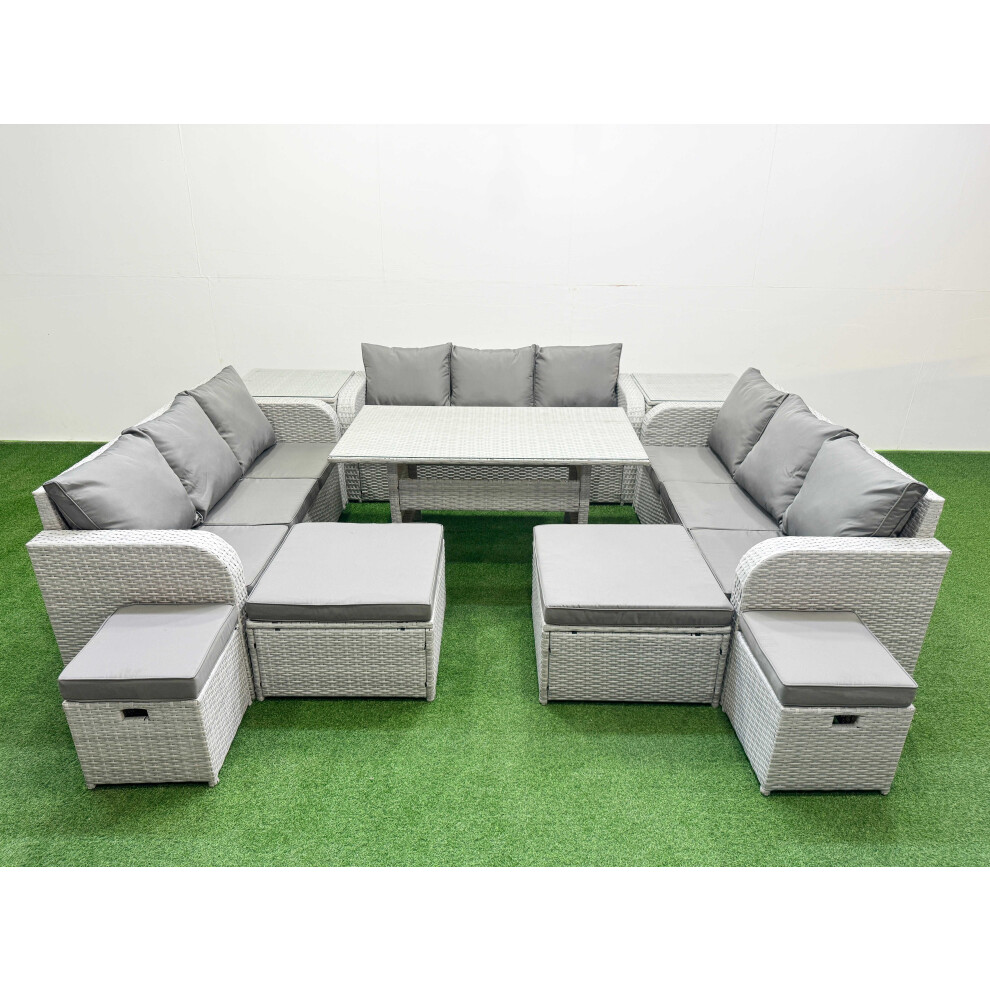 Fimous PE Rattan Lounge Sofa Set 10 Seater Outdoor Garden Furniture Set with Dining Table 3 Seater Sofa 2 Big Footstools 2 Side Tables Light Grey
