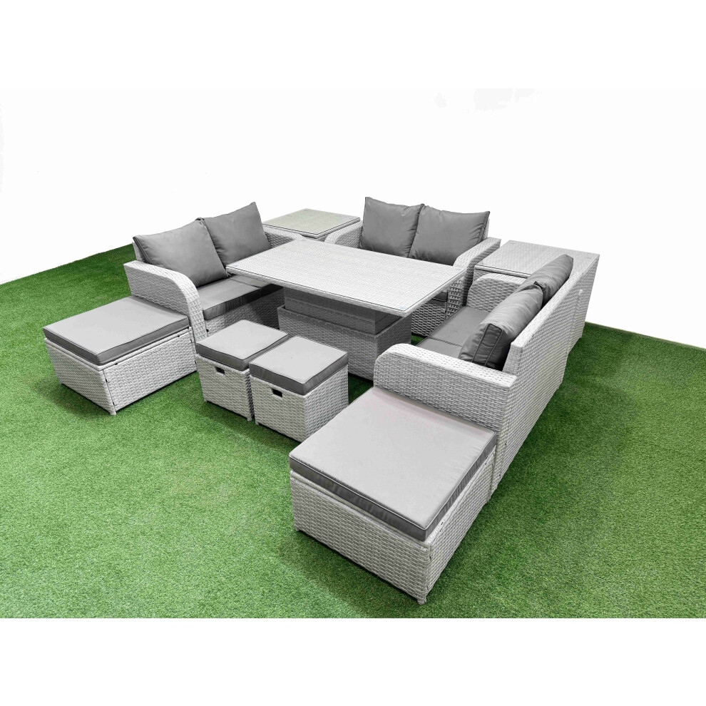 Fimous 10 PCs Rising Dining Table Set Inclining Love Sofa Seat 2 Big Footstool 2 Small Stool 2 Side Table Light Grey