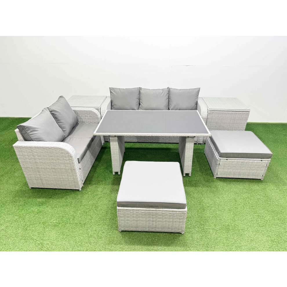 Fimous Garden Furniture Set PE Ratten Garden Sofa Set with Rectangular Dining Table 2 Big Stool 2 Side Tables Light Grey