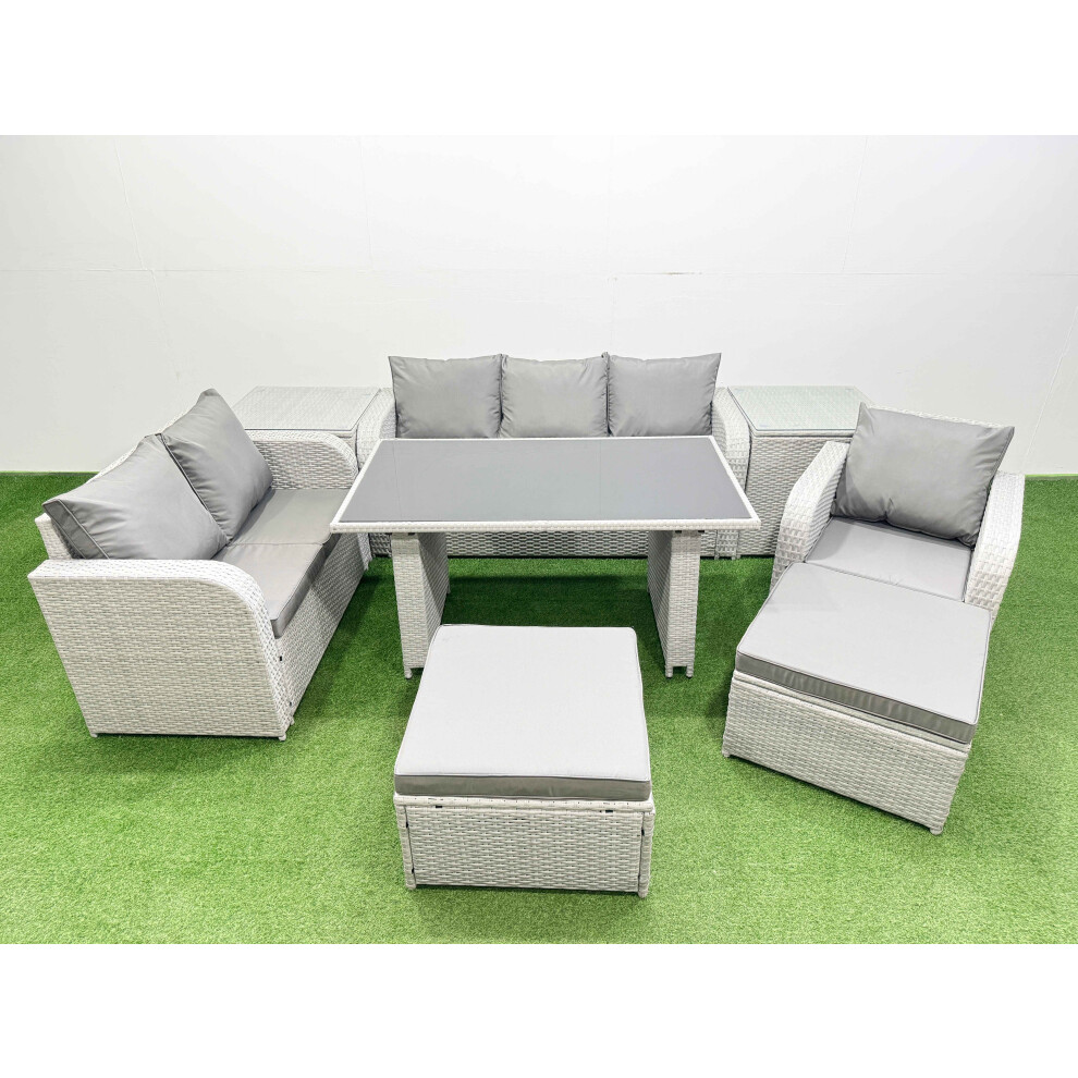 Fimous Rattan Outdoor Table Reclining Chair Sofa Set With 2 Side Tables 2 Big Stools Light Grey 8 Seater