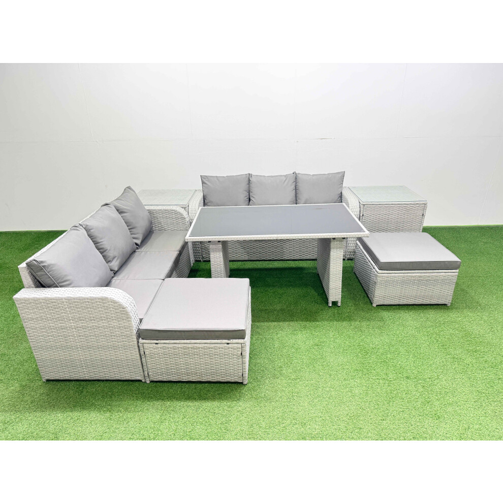 Fimous 8 Seater Rattan Outdoor Dining Table 3 Seater Sofa Set with 2 Side Tables 2 Big Stools Light Grey