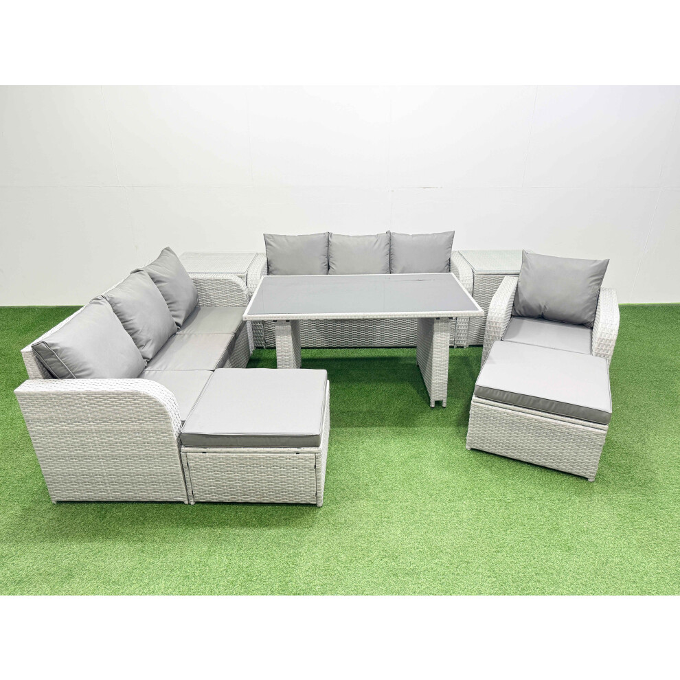 Fimous Rattan Garden Furniture Dining Set 9-seater Patio Rectangular Table Sofa Set with 2 Side Tables 2 Big Stools Light Grey