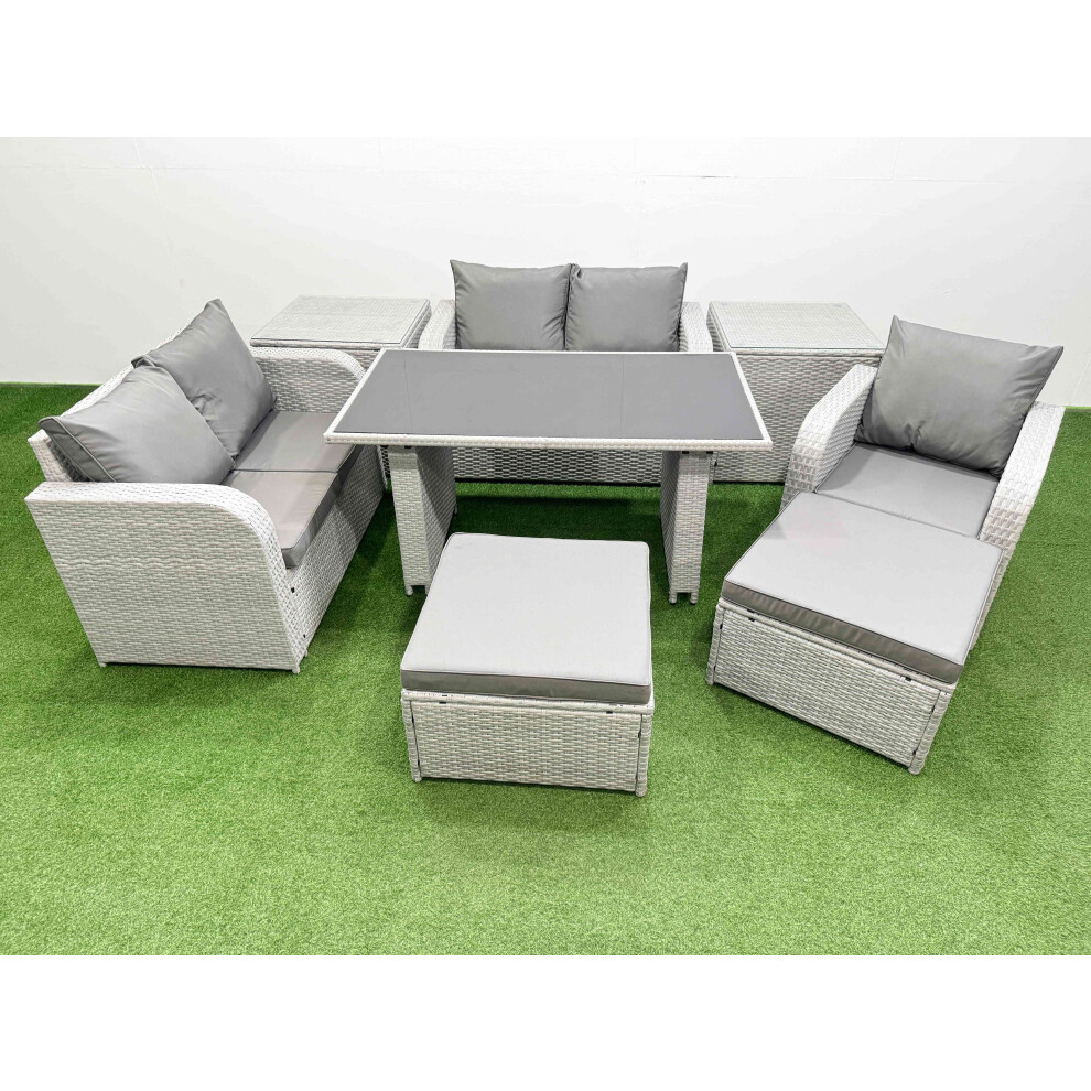 Fimous Rattan Sofa Outdoor Furniture with Dining Table,2 Side Tables,Love Sofa,2 Big Stools Patio Furniture Light Grey 7 Seater
