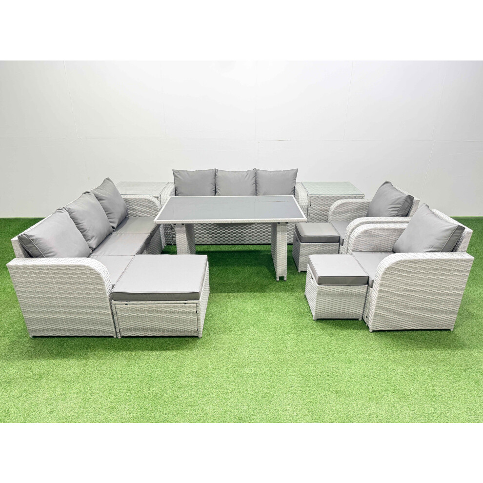 Fimous Light/Grey 11 Seater Wicker Pe Rattan Furniture Outdoor Dining Table 3 Seater Sofa Reclining Chair Set With 2 Side Tables 3 Stools - Image 2