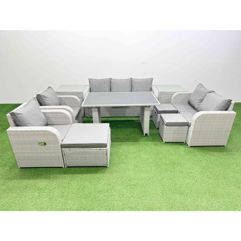 Fimous 10 Seater Garden Furniture Set PE Ratten Garden Sofa Set with Rectangular Dining Table 3 Stool 2 Side Tables Light Grey