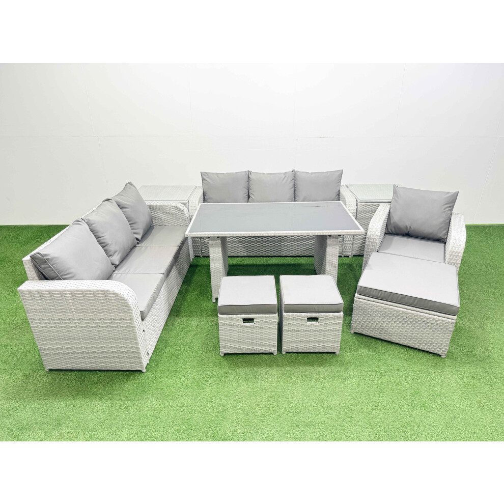 Fimous Rattan Garden Furniture Dining Set 10-seater Patio Rectangular Table Sofa Set with 2 Side Tables 3 Stools Light Grey