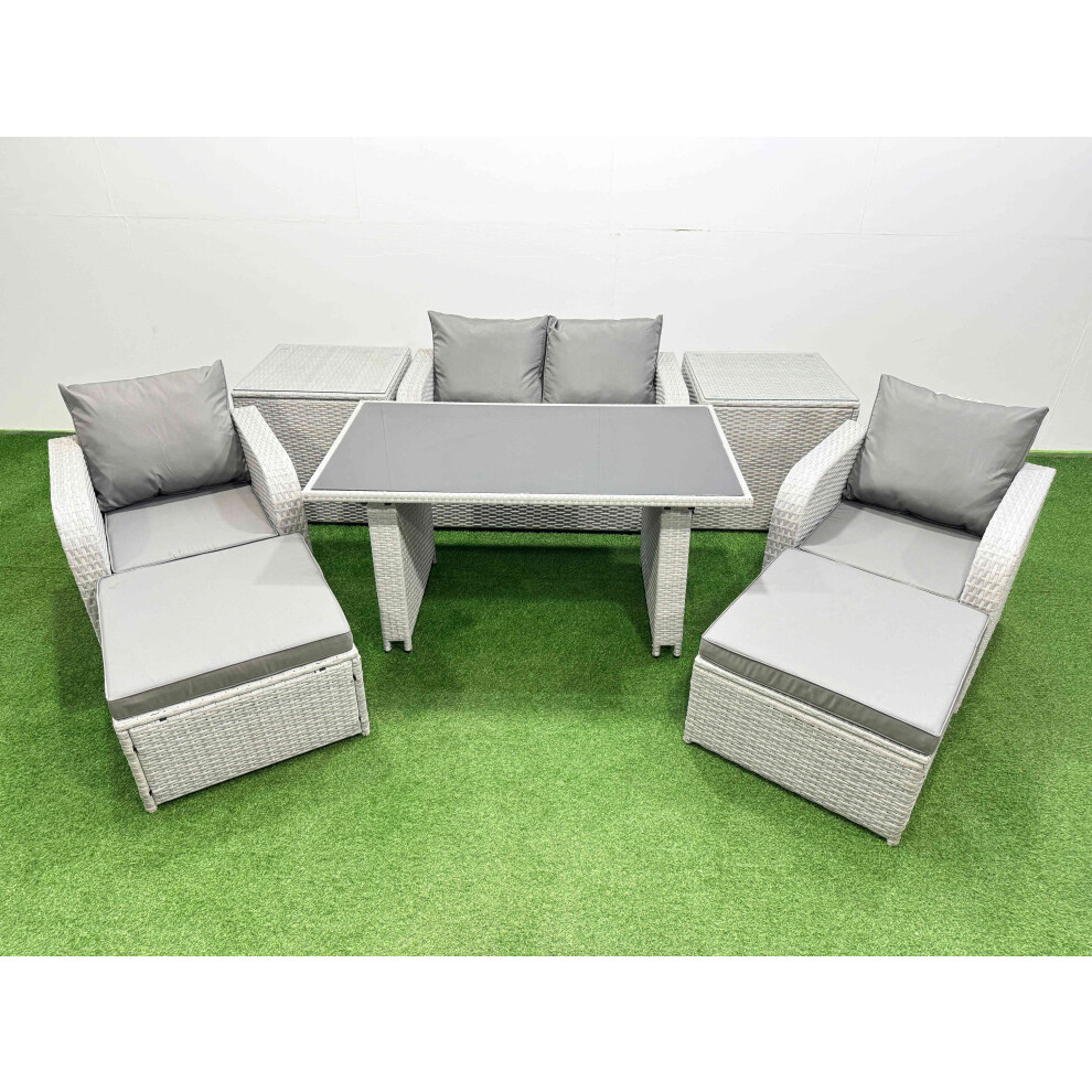 Fimous Outdoor Rattan Garden Furniture Dining Set 6-seater Patio Rectangular Table Love Sofa Reclining Chair Set with 2 Side Tables 2 Big Stools