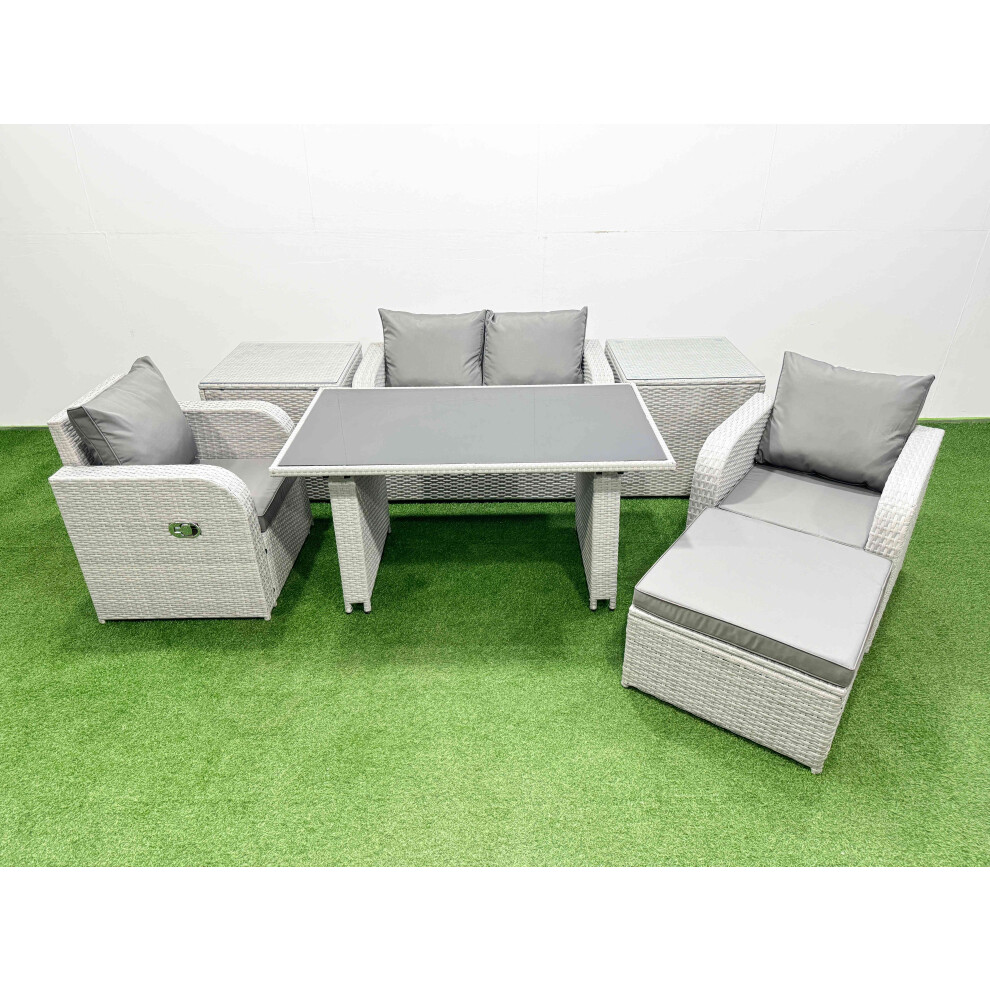 Fimous Outdoor Rattan Garden Furniture Dining Set 5-seater Patio Rectangular Table Love Sofa Reclining Chair Set with 2 Side Tables Big Stool