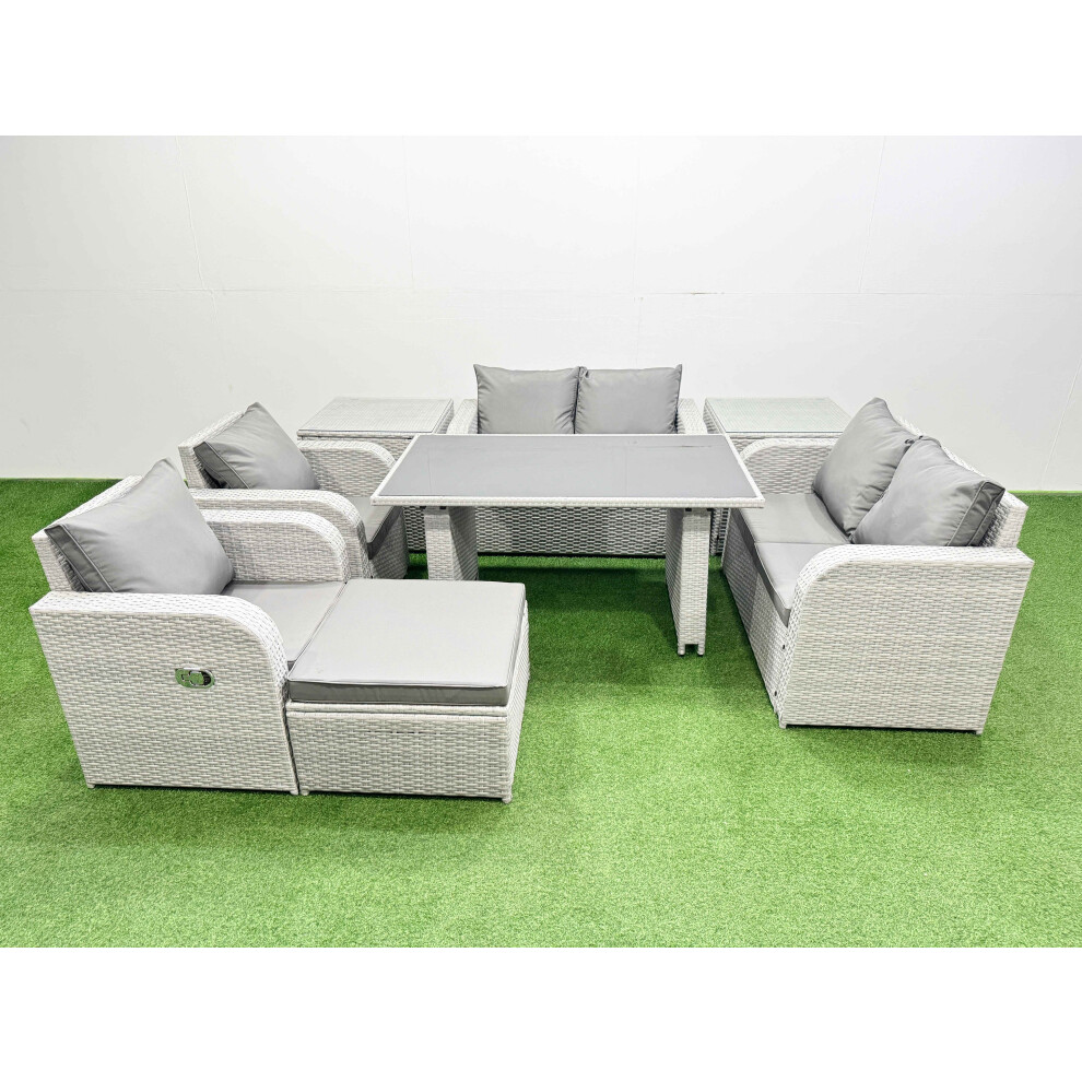 Fimous 8 Pieces Outdoor PE Rattan Sofa Reclining Chair Set Patio Garden Furniture Sets with Cushions 2 Side Tables Big Stool Light Grey-image-OPC-PH82FP7-NEW