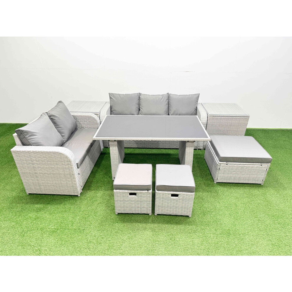 Fimous Garden Furniture Set PE Ratten Garden Sofa Set with Rectangular Dining Table 3 Stool 2 Side Tables Light Grey